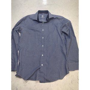 Bugatchi Uomo Men Button Up Flip Cuff Dress Shirt Blue White Plaid 16 34/35